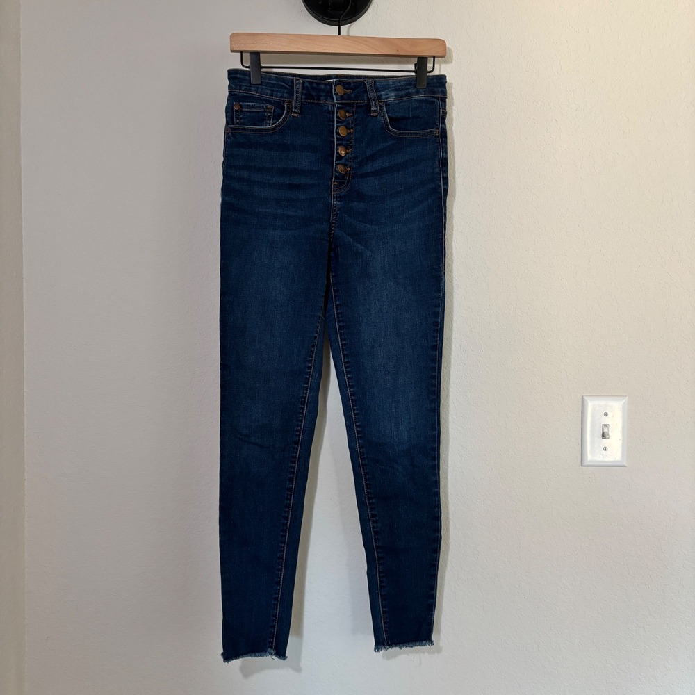 Nature Denim Skinny Jeans Size 7/27 Stretch Raw Hem Dark Blue Boho Indie